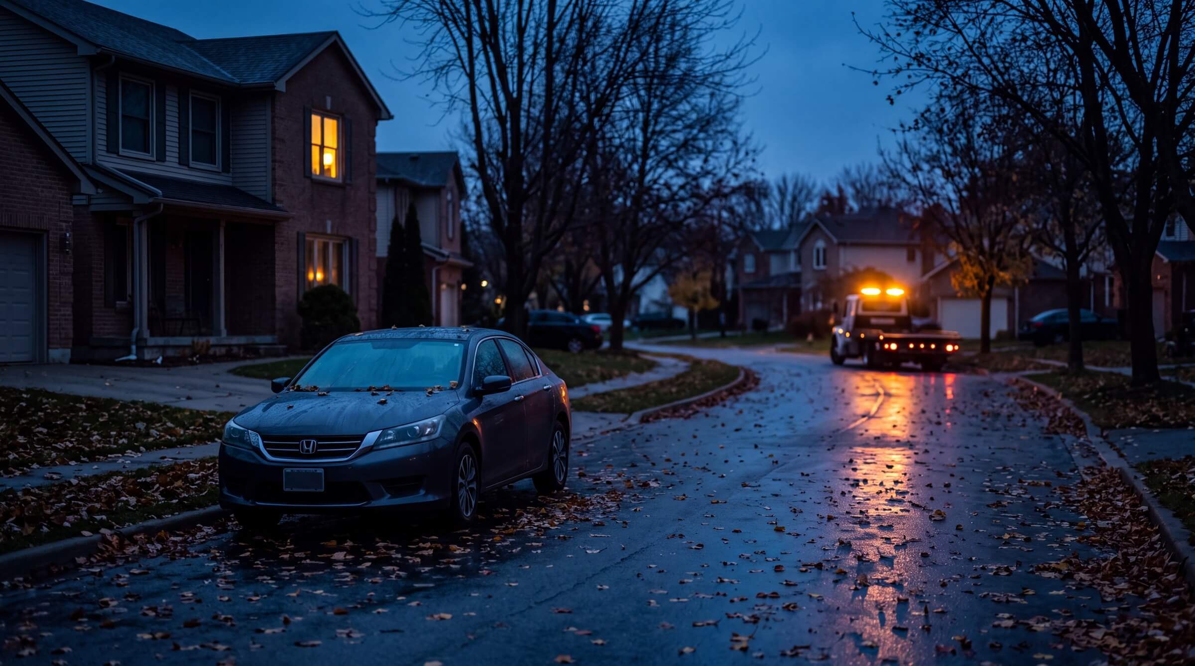 Family sedan in a suburban neighborhood before dawn with a tow truck's amber light glowing at the end of the street